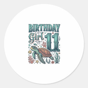 Sticker Rond Fille d'anniversaire 11 Tortue de mer Gravure vint