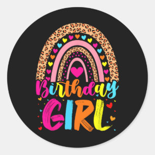 Sticker Rond Fille d'anniversaire Leopard Arc-en-ciel Fête d'an