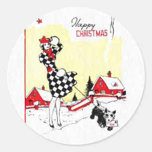 Sticker Rond Fille d'art déco et chien de Scotty