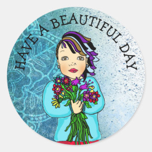 Sticker Rond Fille d'art populaire avec des fleurs Jour magnifi