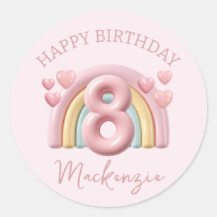 Sticker Rond Fille de 8 ans anniversaire arc-en-ciel 3D brillan