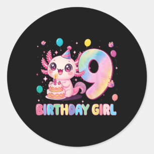 Sticker Rond Fille de 9 ans d'anniversaire Mignonne Axolotl 9 A