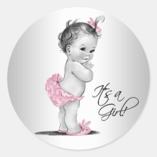 Sticker Rond Fille de Baby Shower Vintage Rose Gris