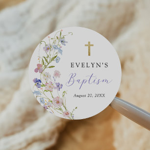 Sticker Rond Fille de baptême de prairie de fleurs sauvages col