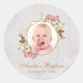 Sticker Rond Fille de baptême Photo Orchidées roses Marbre doré (Devant)