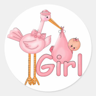 Sticker Rond Fille de bébé à cigogne rose