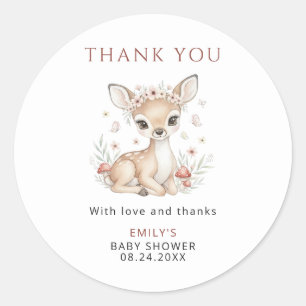 Sticker Rond Fille de cerf de la forêt rose Baby Shower Merci