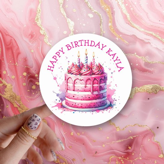 Sticker Rond Fille de gâteau rose d'anniversaire