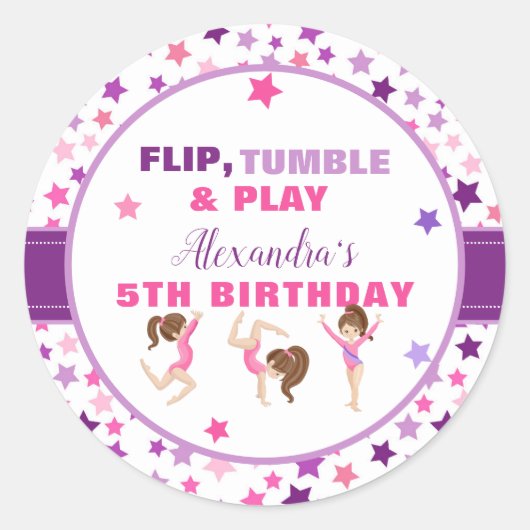 Sticker Rond Fille de Gymnastique Fête d'Anniversaire Étoiles (Devant)