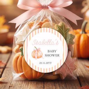 Sticker Rond Fille de la citrouille à ruban rose Baby Shower