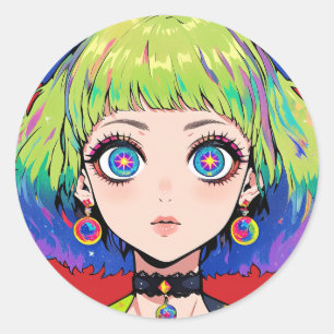 Sticker Rond Fille de l'espace Glitchcore avec des yeux d'étoil