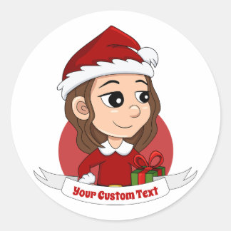 Sticker Rond Fille de Noël aux cheveux bruns ondulés