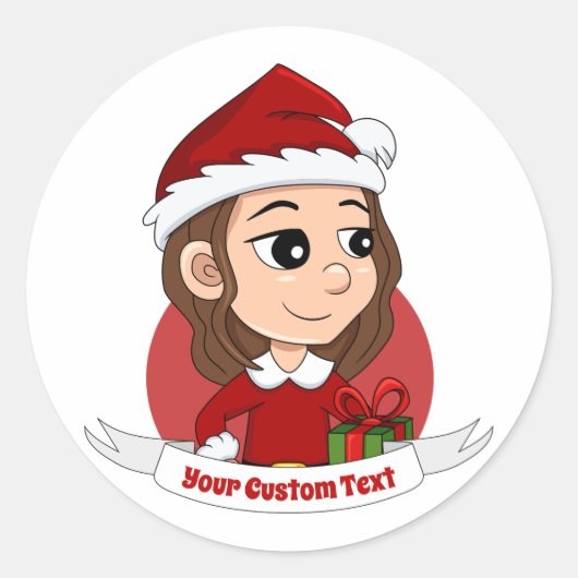 Sticker Rond Fille de Noël aux cheveux bruns ondulés (Devant)