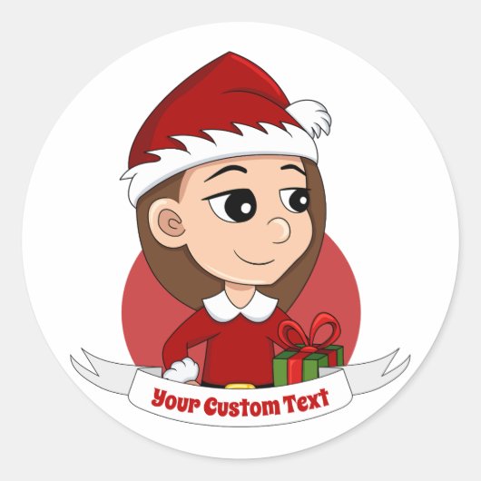 Sticker Rond Fille de Noël avec long cheveux brun dessin animé (Devant)
