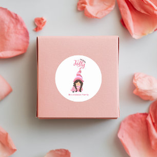 Sticker Rond Fille de Noël rose Gnome avec cheveux foncés Jolly