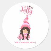 Sticker Rond Fille de Noël rose Gnome avec cheveux foncés Jolly (Devant)