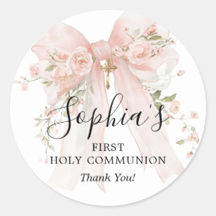 Sticker Rond Fille de première communion Ruban rose avec roses 