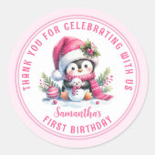 Sticker Rond Fille d'hiver 1er anniversaire mignonne Penguin Me (Devant)
