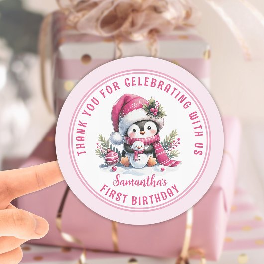 Sticker Rond Fille d'hiver 1er anniversaire mignonne Penguin Me