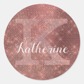 Sticker Rond Fille Diamant Cuivre Étincelle Glam Nom Monogramme