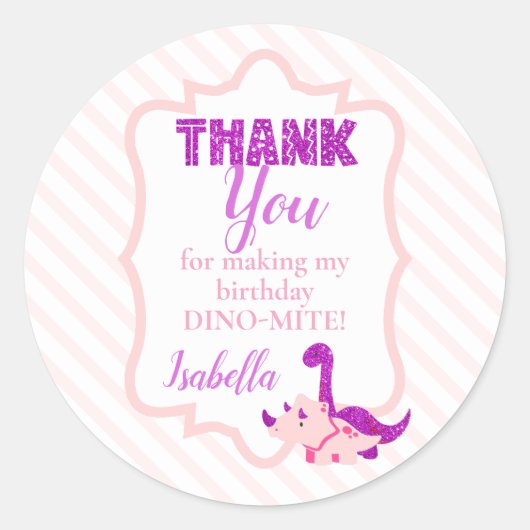 Sticker Rond Fille Dinosaure Merci rose (Devant)