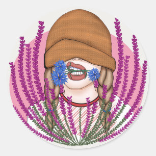 Sticker Rond Fille drôle avec des fleurs de maïs