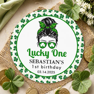 Sticker Rond  Fille du 1er anniversaire Lucky One au chignon dé