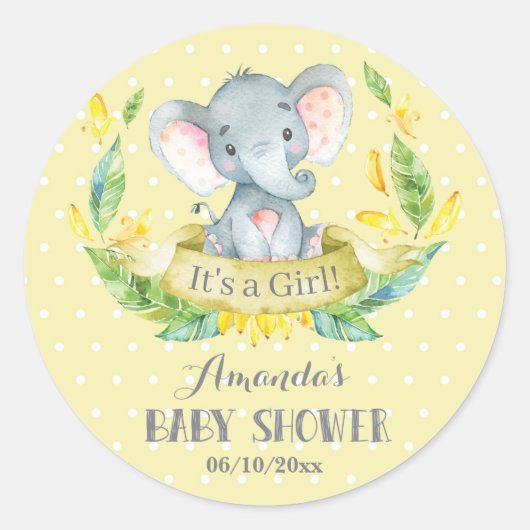Sticker Rond Fille Éléphant Baby Shower Jaune et Gris (Devant)