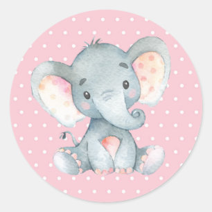 Sticker Rond Fille Éléphant Baby Shower Rose