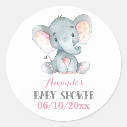 Sticker Rond Fille Eléphant Baby shower rose et gris (Devant)