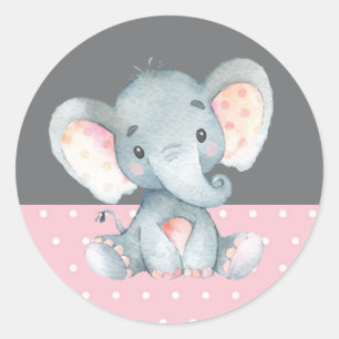 Sticker Rond Fille Eléphant Baby shower rose et gris