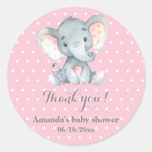 Sticker Rond Fille Eléphant Baby shower rose Merci Favor (Devant)