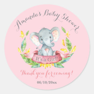 Sticker Rond Fille Eléphant Baby shower rose Merci Favor