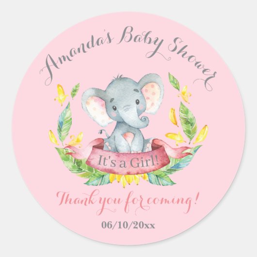Sticker Rond Fille Eléphant Baby shower rose Merci Favor (Devant)