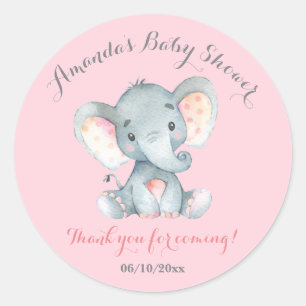 Sticker Rond Fille Eléphant Baby shower rose Merci Favor