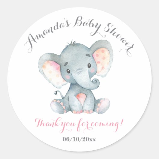 Sticker Rond Fille Eléphant Baby shower rose Merci Favor (Devant)