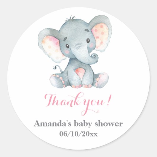 Sticker Rond Fille Eléphant Baby shower rose Merci Favor (Devant)