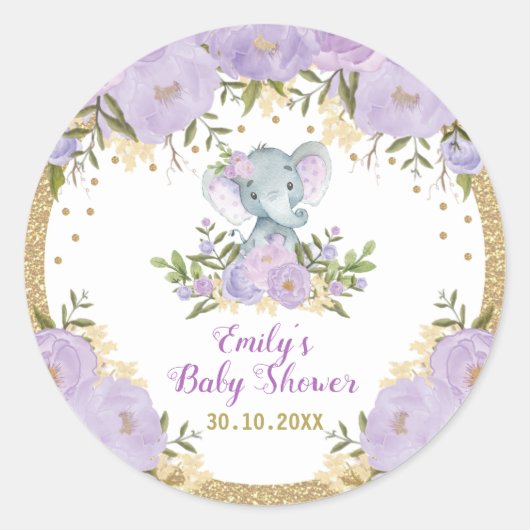 Sticker Rond Fille Eléphant Purple Baby shower de fleurs or (Devant)