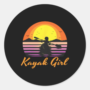 Sticker Rond Fille en kayak drôle de coucher de soleil en kayak