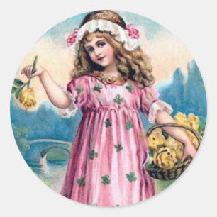 Sticker Rond Fille en robe rose
