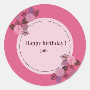 Sticker Rond Fille fleurie d'anniversaire rose personnalisé
