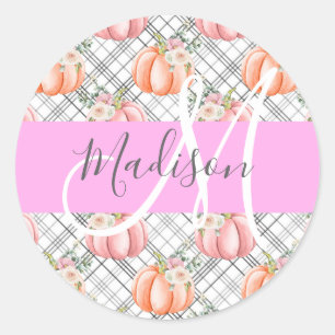 Sticker Rond Fille Floral Gris rose Pêche Citrouille Nom