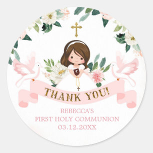 Sticker Rond Fille Floral rose première communion