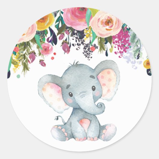 Sticker Rond Fille Florale Éléphant Baby Shower Rose et Gris (Devant)