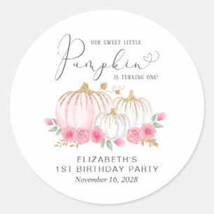 Sticker Rond Fille Florale rose citrouille 1ère fête d'annive