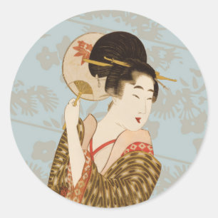 Sticker Rond Fille Geisha Japonaise Vintage en Kimono avec Éven