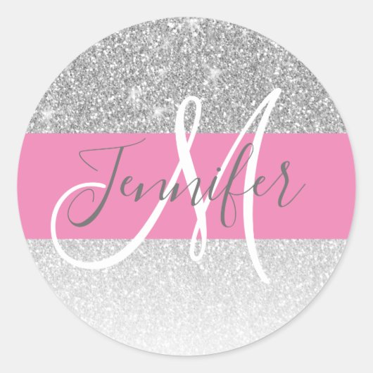 Sticker Rond Fille Glam Parties scintillant argent rose Nom du  (Devant)