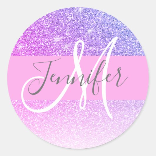 Sticker Rond Fille Glam rose violet Parties scintillant Nom du (Devant)