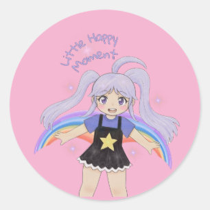 Sticker Rond Fille Heureuse Illustration Dessinée à la Main – P