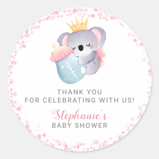 Sticker Rond Fille Koala Ours Baby shower rose Favoriser (Devant)